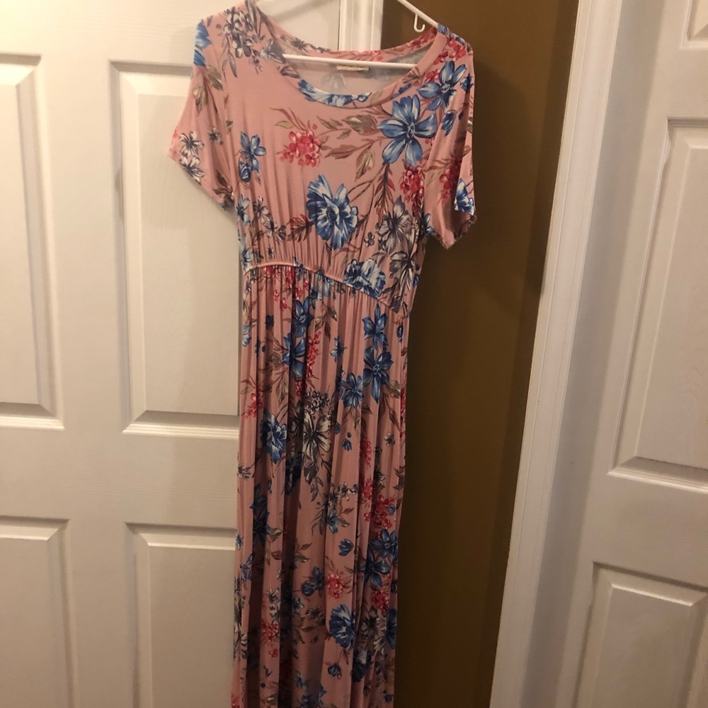 Blush maxi dress with blue and pink flowers